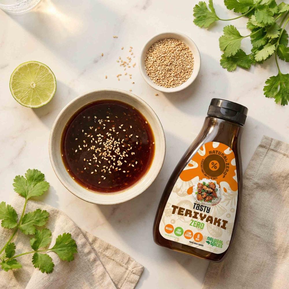 A ceramic bowl filled with a glossy teriyaki dip made with Tasty Teriyaki Zero, lightly mixed with lime juice and sprinkled with toasted sesame seeds. Nearby: a halved lime, a small dish of sesame seeds, fresh coriander leaves, and a folded linen napkin.