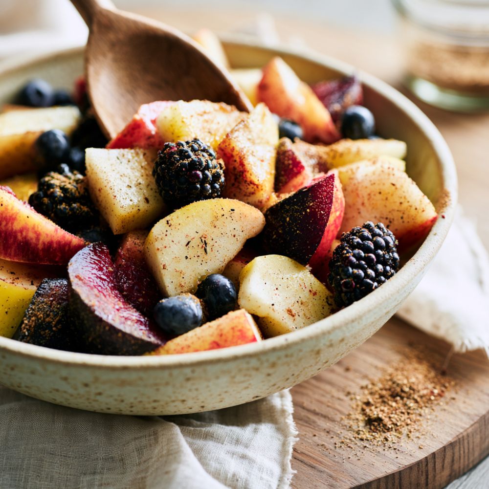 bowl with fresh summer fruit mixed with skinny vanilly seasoning