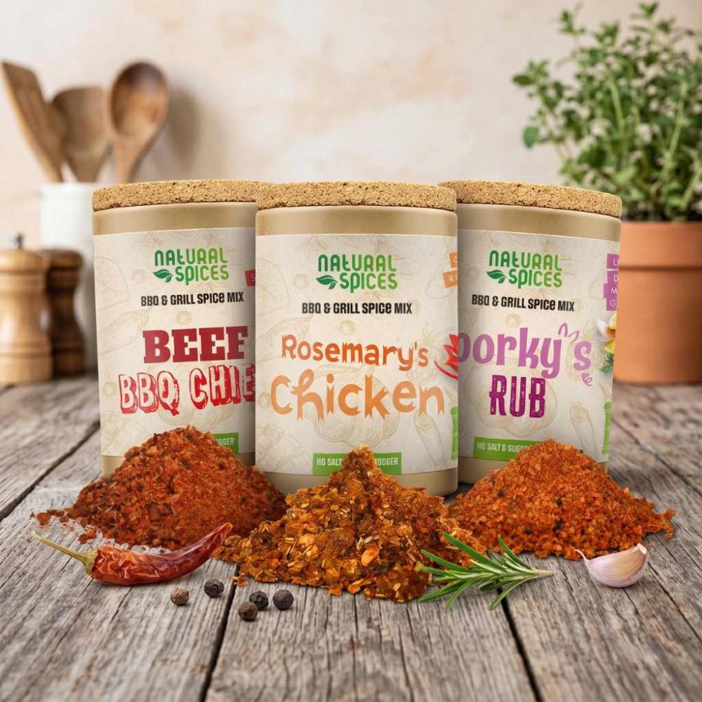3 verschillende bbq rubs voor varken, rundvlees en kip