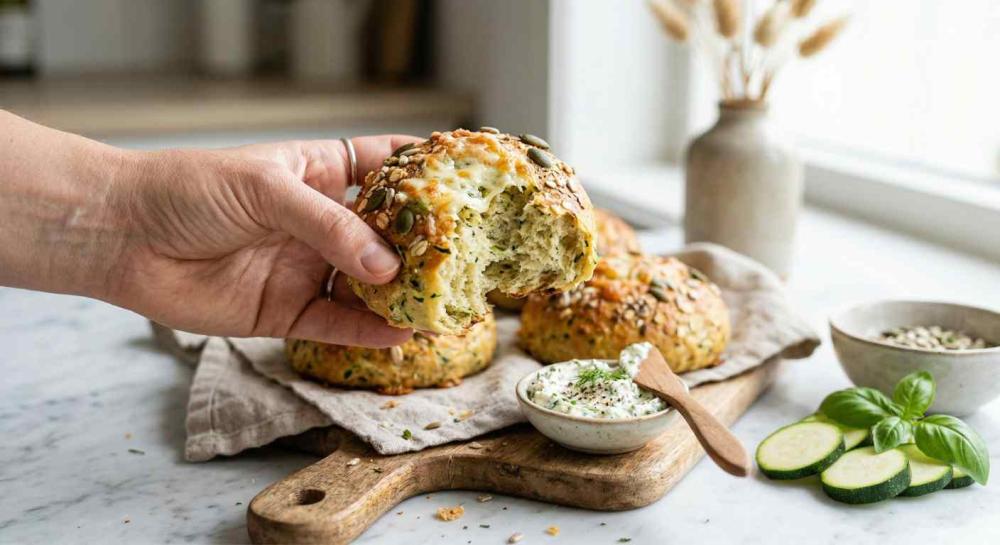 Hand houdt een opengebroken Italiaans courgette broodje met zachte binnenkant, op de achtergrond meer broodjes op houten plank met kruidige dip, courgetteplakjes en verse basilicum