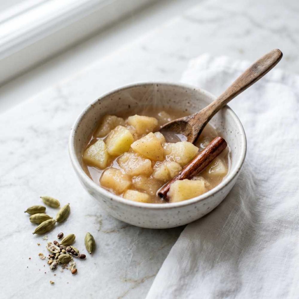 schaaltje appelcompote met kardamom peulen ernaast