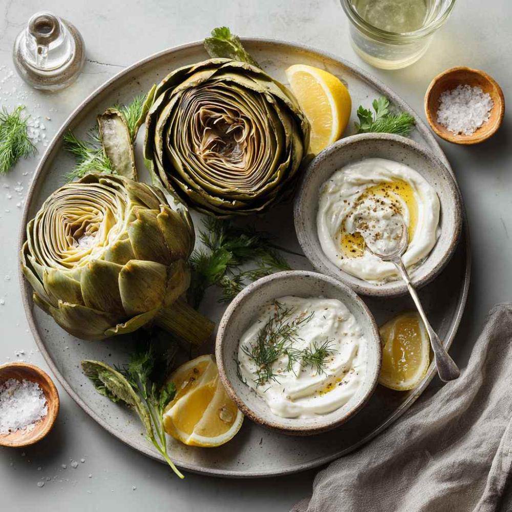 bord met artisjokken en dipsaus in een schaaltje