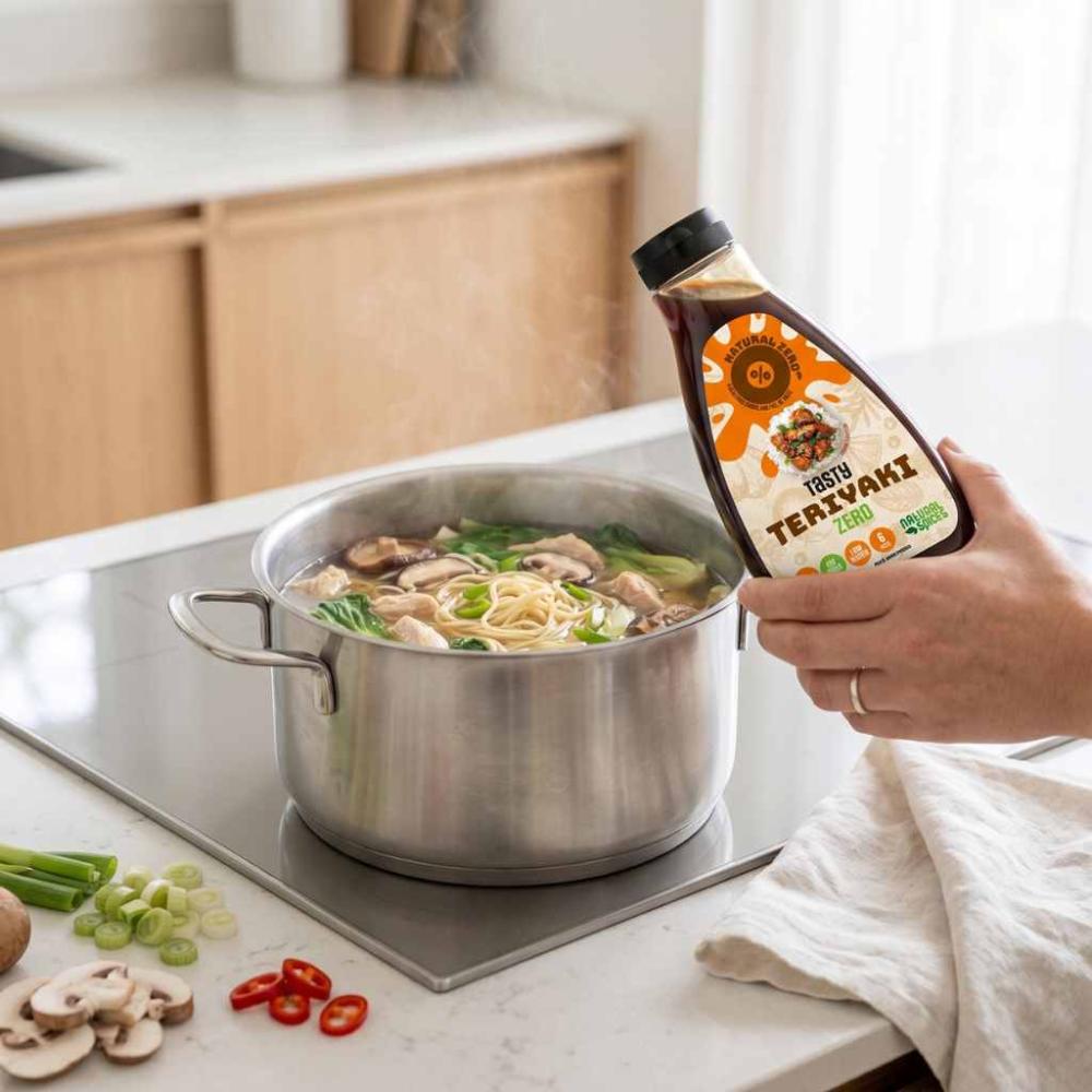 aziatische kip noedelsoep met teriyaki saus