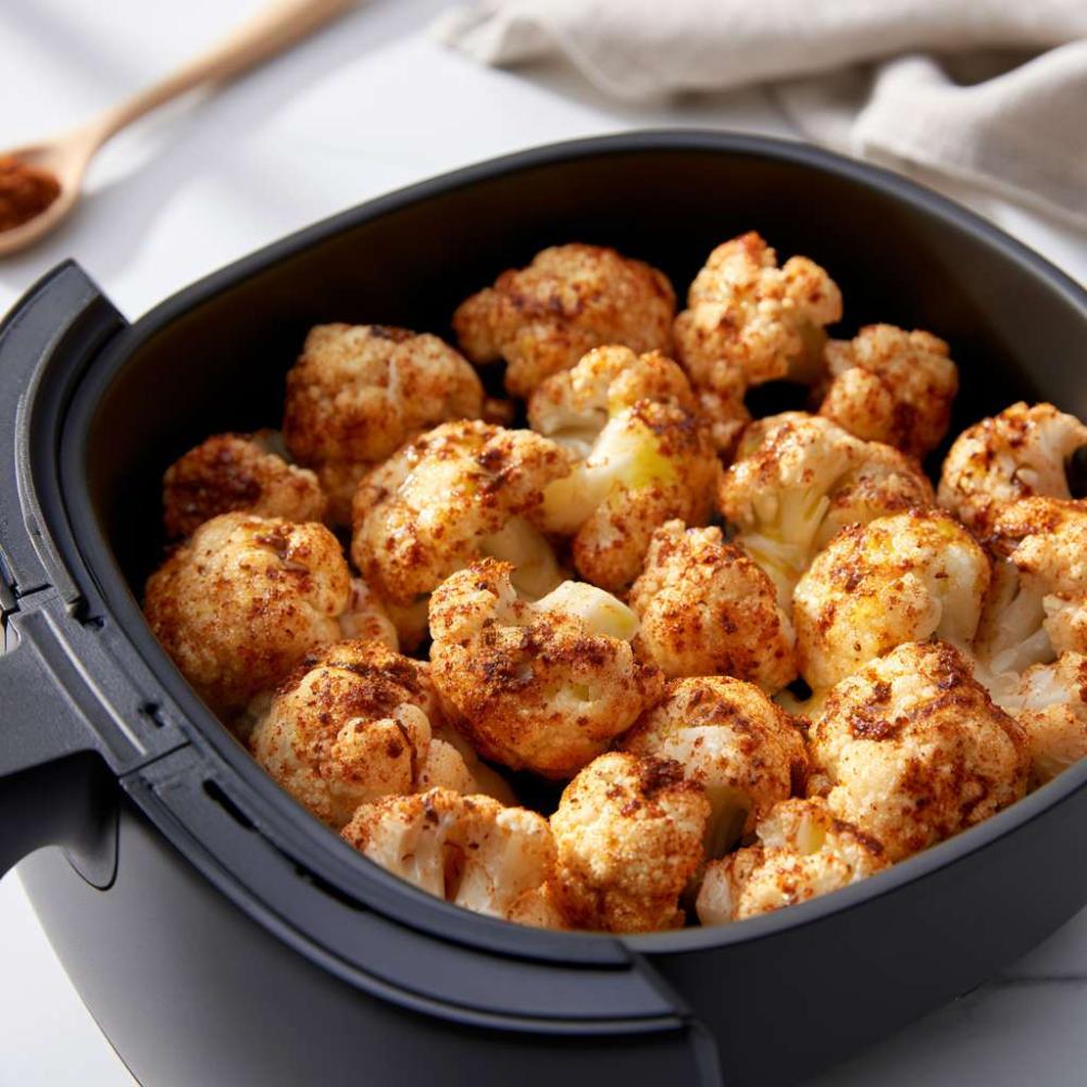 raw cauliflower florets generously coated with a vibrant reddish-golden Porky's Rub seasoning, arranged in a single layer in an airfryer