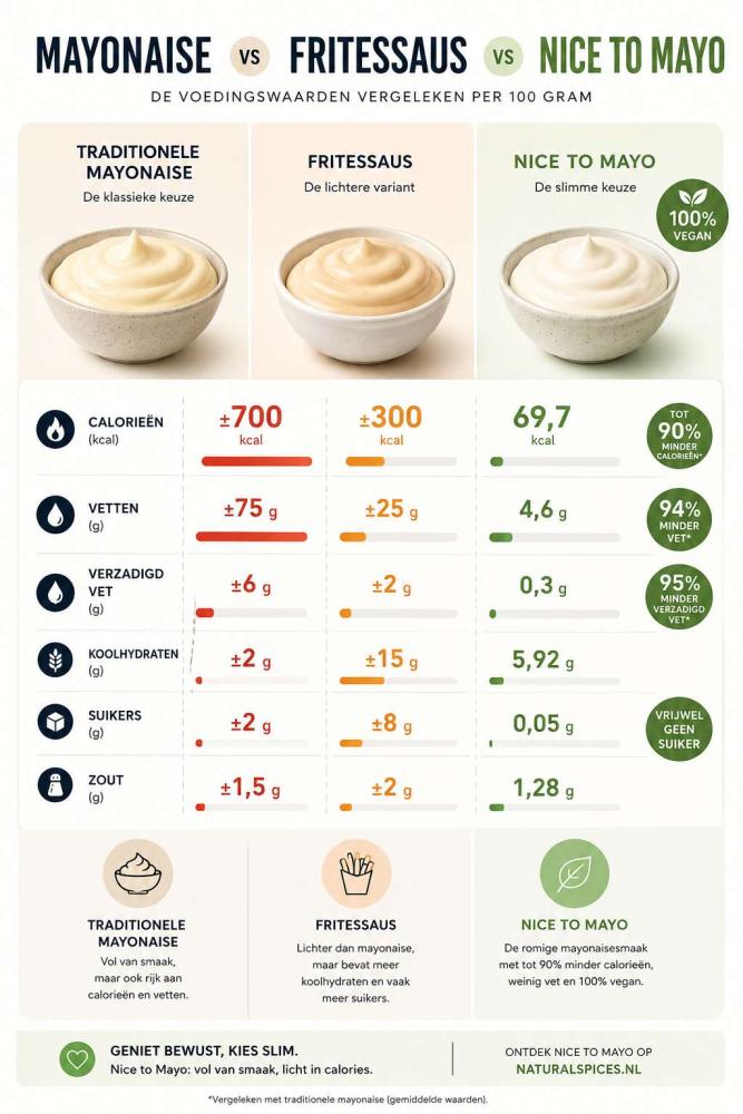 vergelijkings tabel mayonaise, fritessaus en low calorie mayo