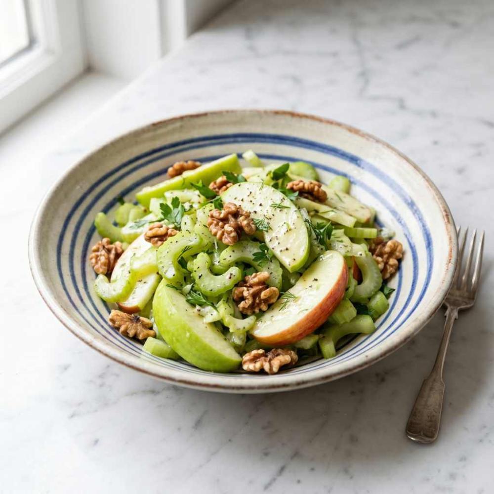 waldorf salade met appel, selderij en walnoten in een schaal