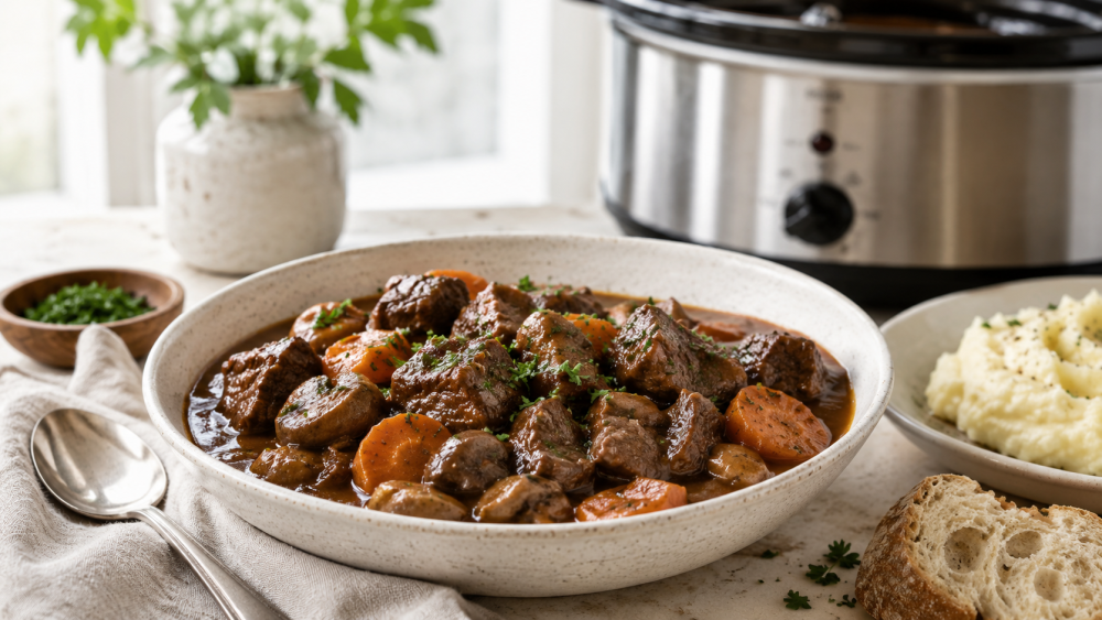 Mals slowcooker stoofvlees met rundvlees, wortel en champignons in een rijke bruine saus, geserveerd met aardappelpuree.