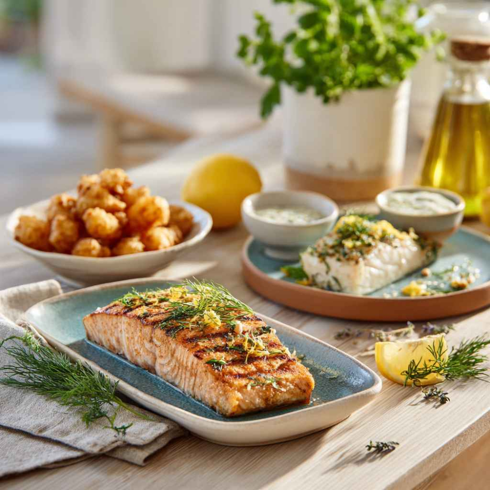 beautifully plated grilled salmon fillet with visible herbs (dill and lemon zest), a small bowl of crispy kibbeling with lemon wedges, and a white fish fillet with Mediterranean herbs.