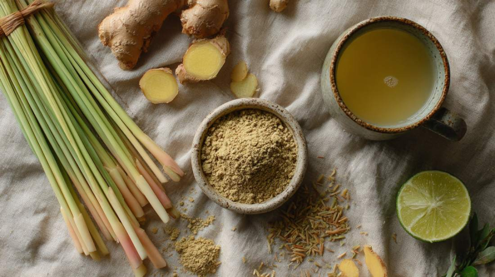 A bundle of fresh lemongrass stalks  on a warm off-white linen surface, next to a small rustic ceramic bowl filled  with dried ground lemongrass powder.