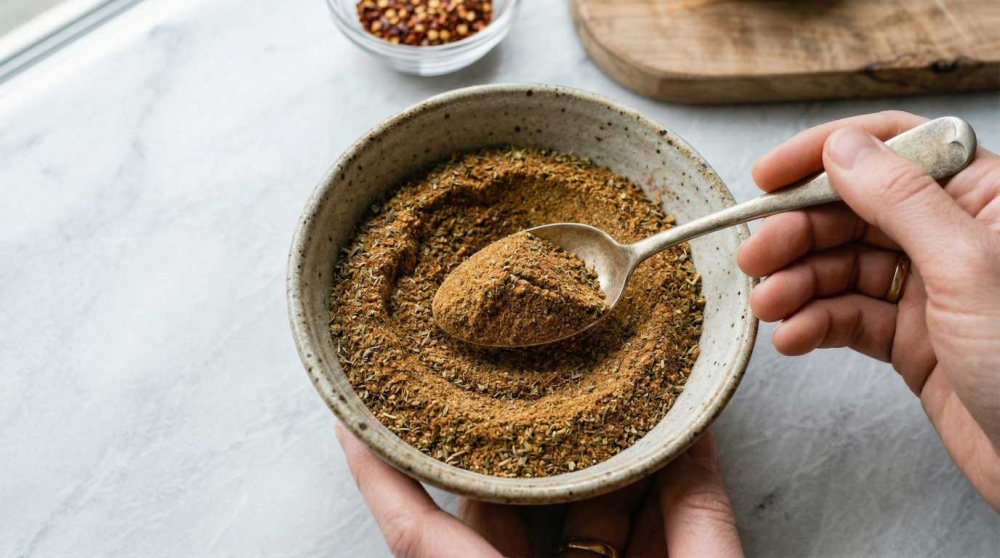 homemade gyros kruiden mix in een bowl en een hand die een lepel vasthoudt met gyros kruiden