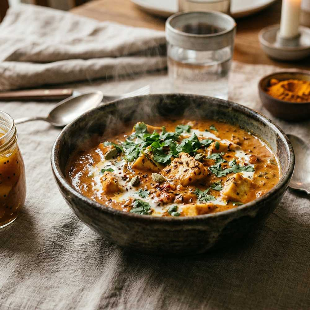 steaming Indian curry in a rustic ceramic bowl, creamy tomato-coconut sauce with visible herbs and spices, garnished with fresh coriander, served on a natural linen tablecloth. A small glass jar of homemade mango chutney with visible mango chunks and mus