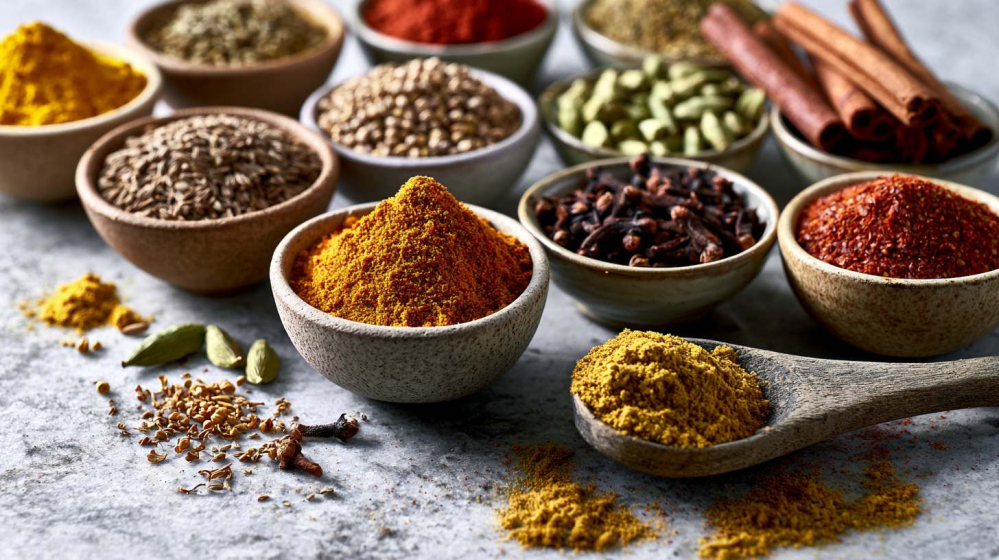 a beautiful assortment of authentic Indian spices arranged in small ceramic bowls on a light grey marble surface. Visible spices include turmeric powder, cumin seeds, coriander seeds, green cardamom pods, cinnamon sticks, cloves, mustard seeds, fenugreek
