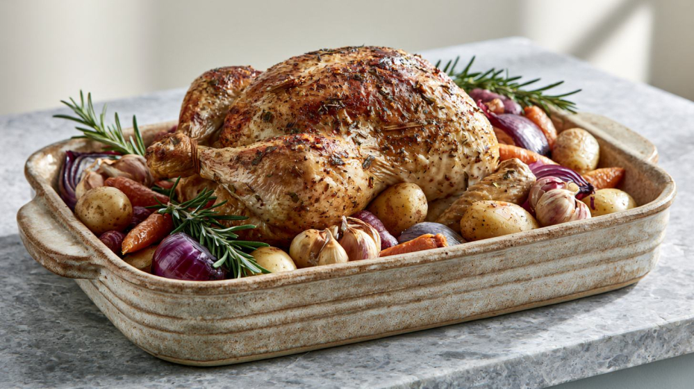 whole roasted chicken in rustic ceramic roasting dish