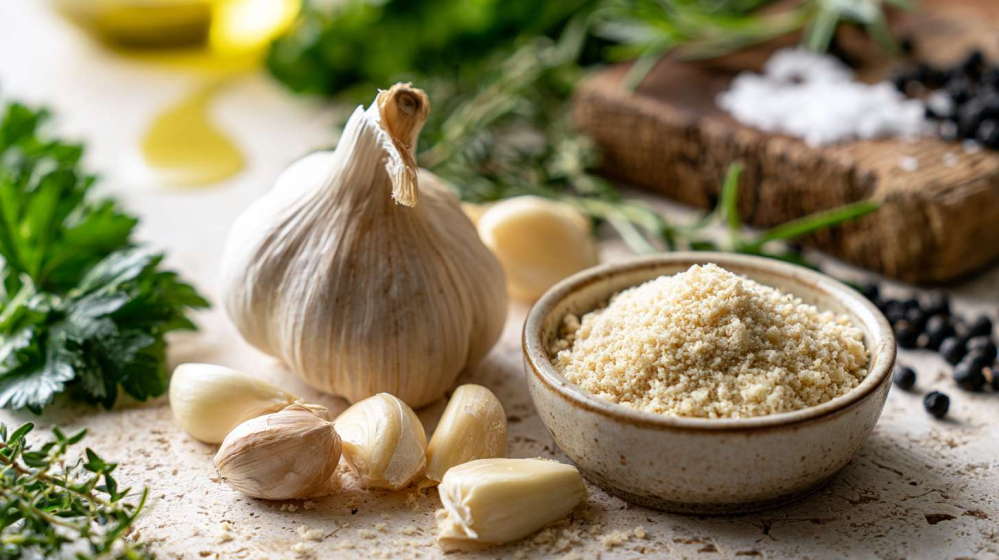 Whole garlic bulb, fresh garlic cloves and garlic powder with herbs on a light kitchen worktop.
