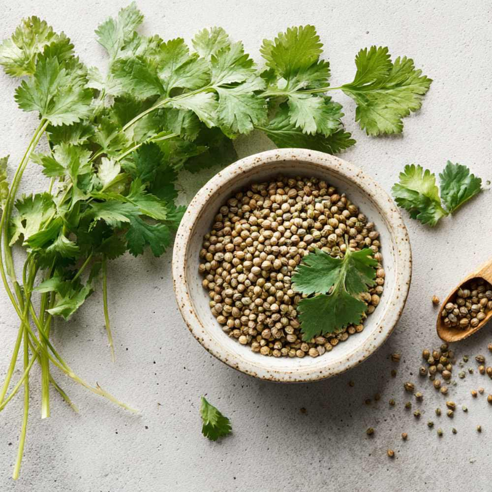 fresh coriander leaves (cilantro) on the left and whole coriander seeds on the right in a small ceramic bowl, placed on a light stone  surface