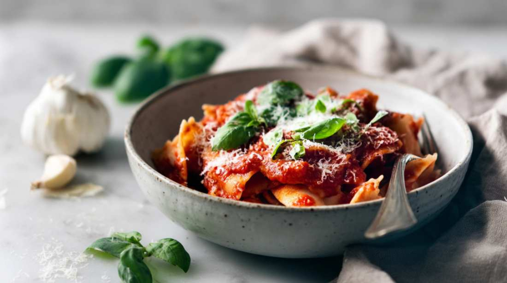 Vintage keramische schaal met pasta in rijke tomatensaus, gegarneerd met verse basilicum en geraspte kaas, op een licht marmeren oppervlak met knoflook en linnen doek ernaast, zacht natuurlijk licht