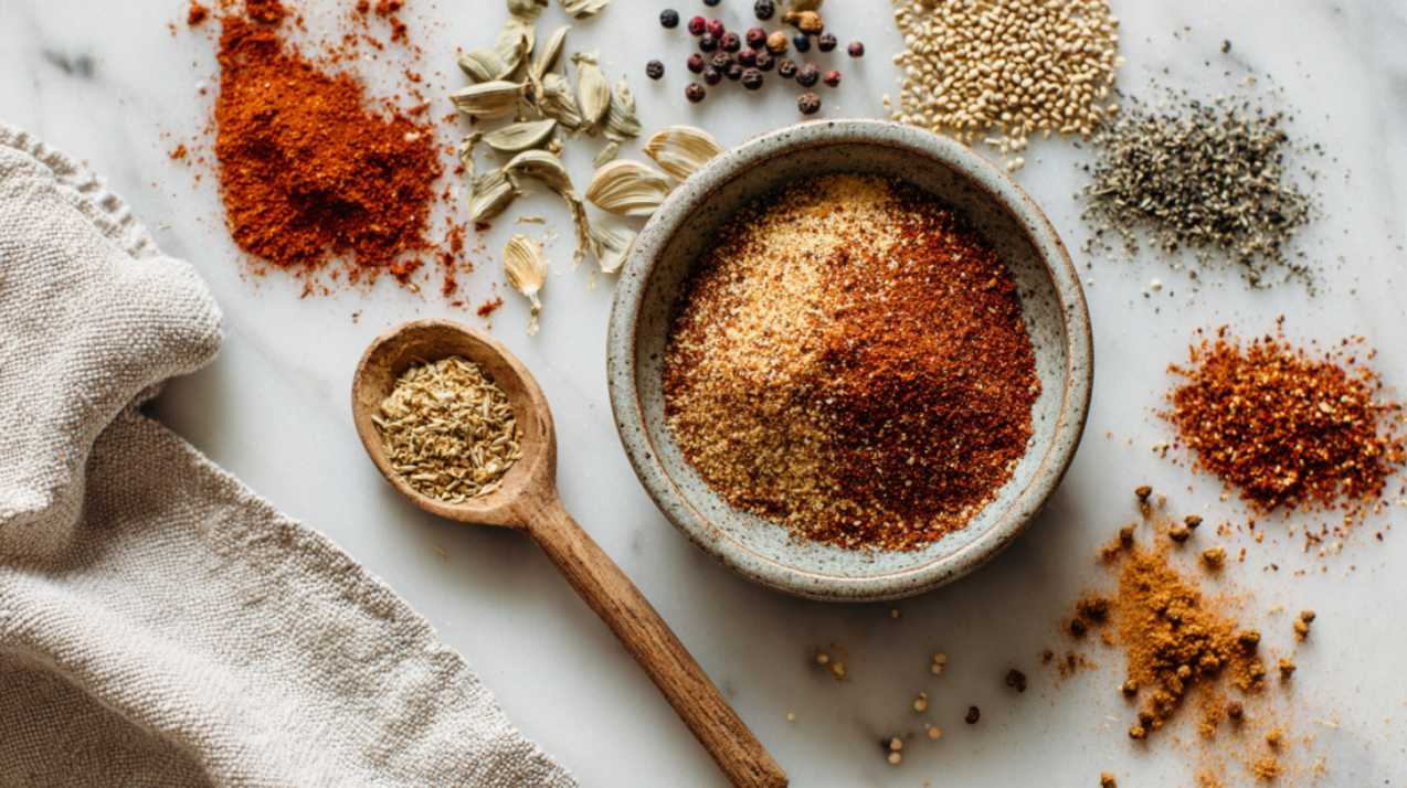 Close-up van zelfgemaakte taco kruidenmix in een kom, met paprikapoeder, komijn, oregano, chilivlokken en knoflookpoeder op een licht marmeren oppervlak, omringd door losse specerijen en een houten lepel met peperkorrels.
