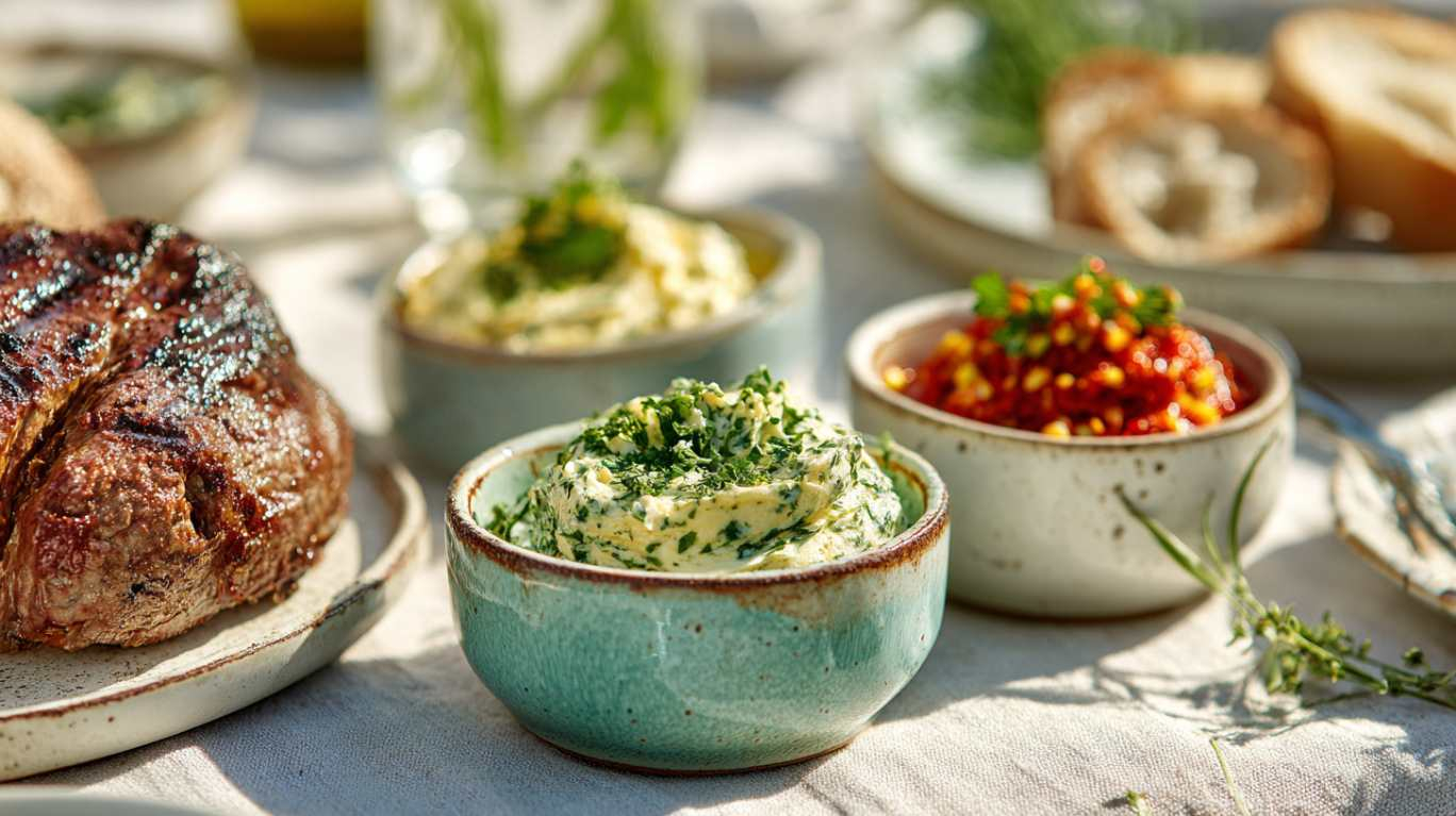 Zomerse BBQ setting met gegrild stuk vlees, vers brood en drie schaaltjes kruidenboter (groene kruiden, chili en paprika van Natural Spices) op een lichte linnen tafel, in helder natuurlijk daglicht