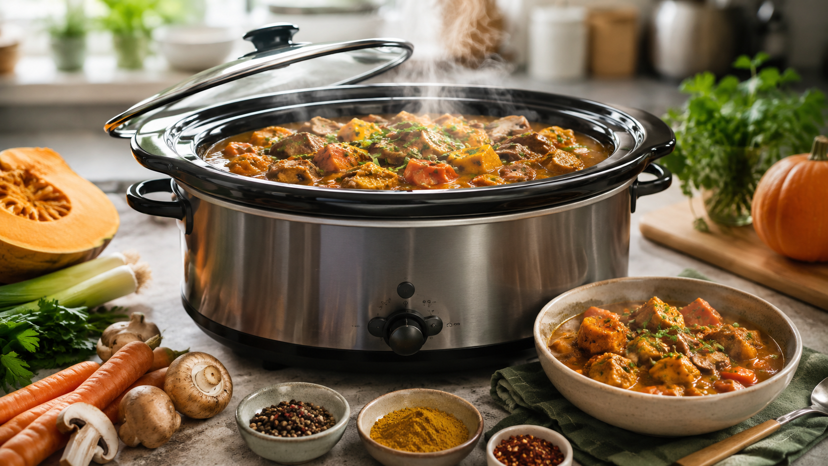 Slowcooker met kruidige herfststoof, pompoen, wortel, champignons en specerijen in een lichte keuken.