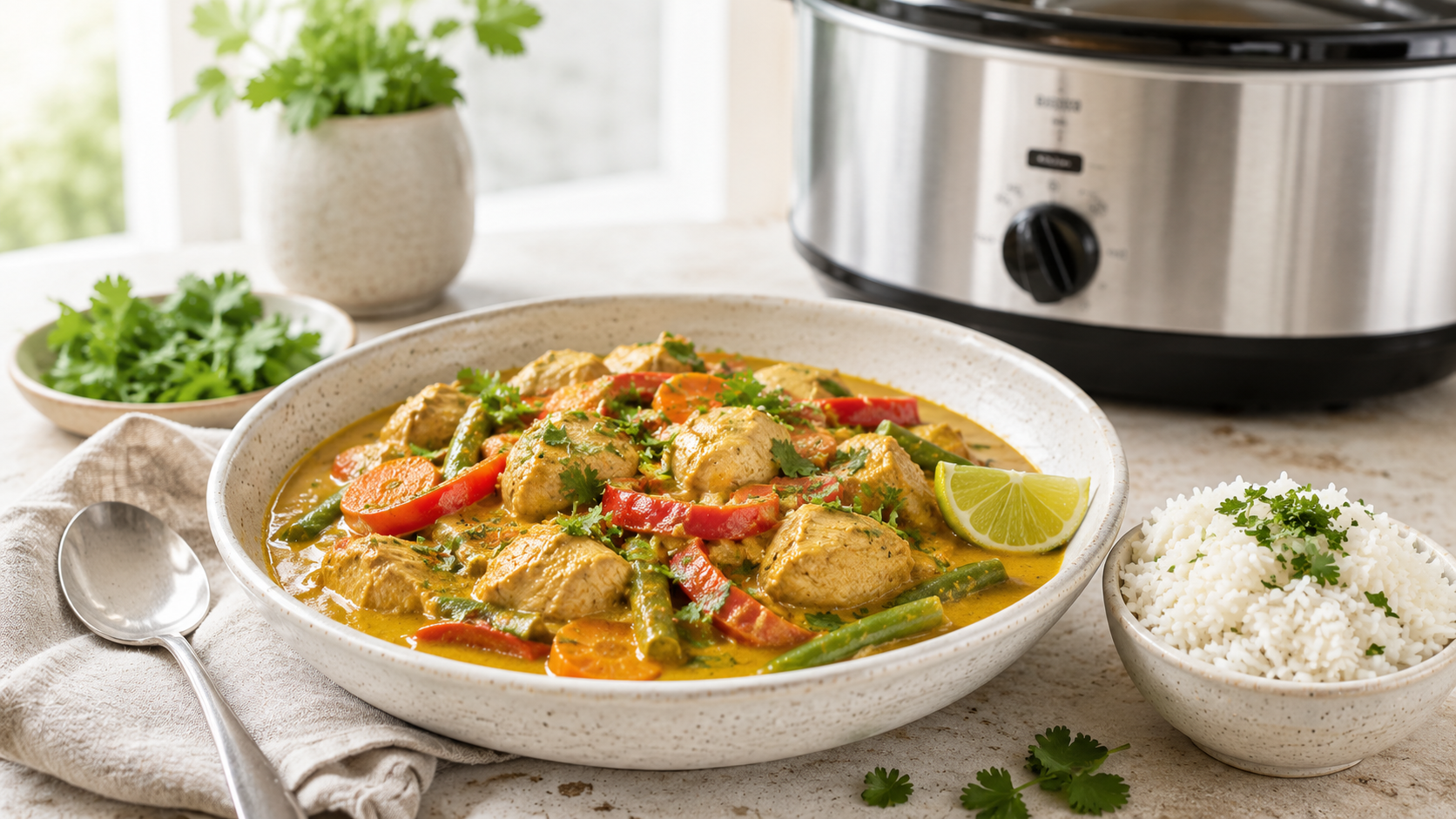 Romige slowcooker kip kerrie met kip, paprika, wortel en sperziebonen, geserveerd met witte rijst en limoen.