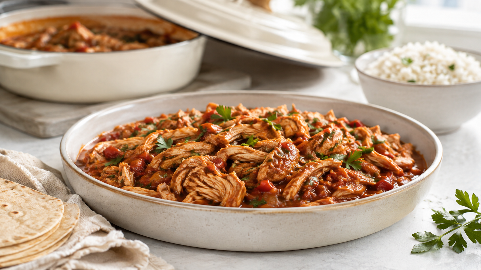  Pulled chicken in kruidige tomatensaus met paprika en kruiden, langzaam bereid in een Dutch oven.