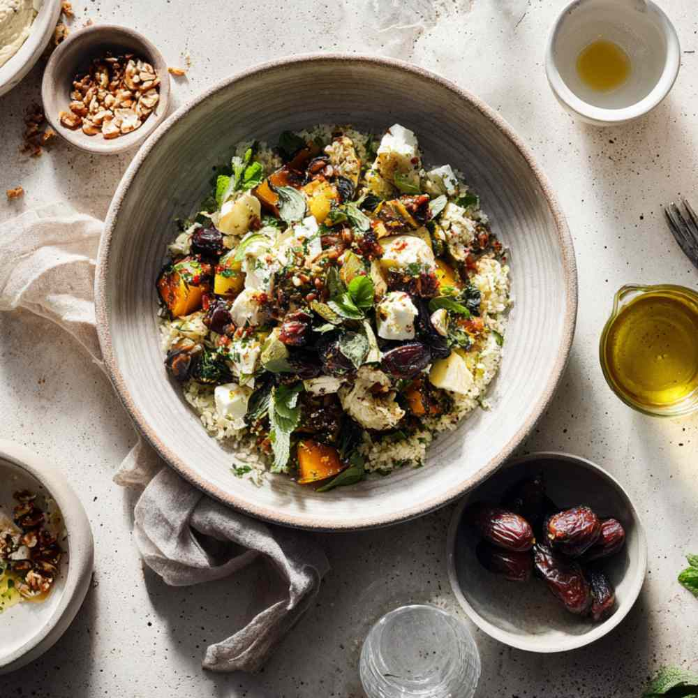 Modern Midden-Oosters gerecht geserveerd in een grote schaal op een koelgetinte, lichtgekleurde stenen ondergrond. Het hoofdgerecht is een kleurrijke een mezze-achtige schaal met geroosterde groenten, verse kruiden en gerooste