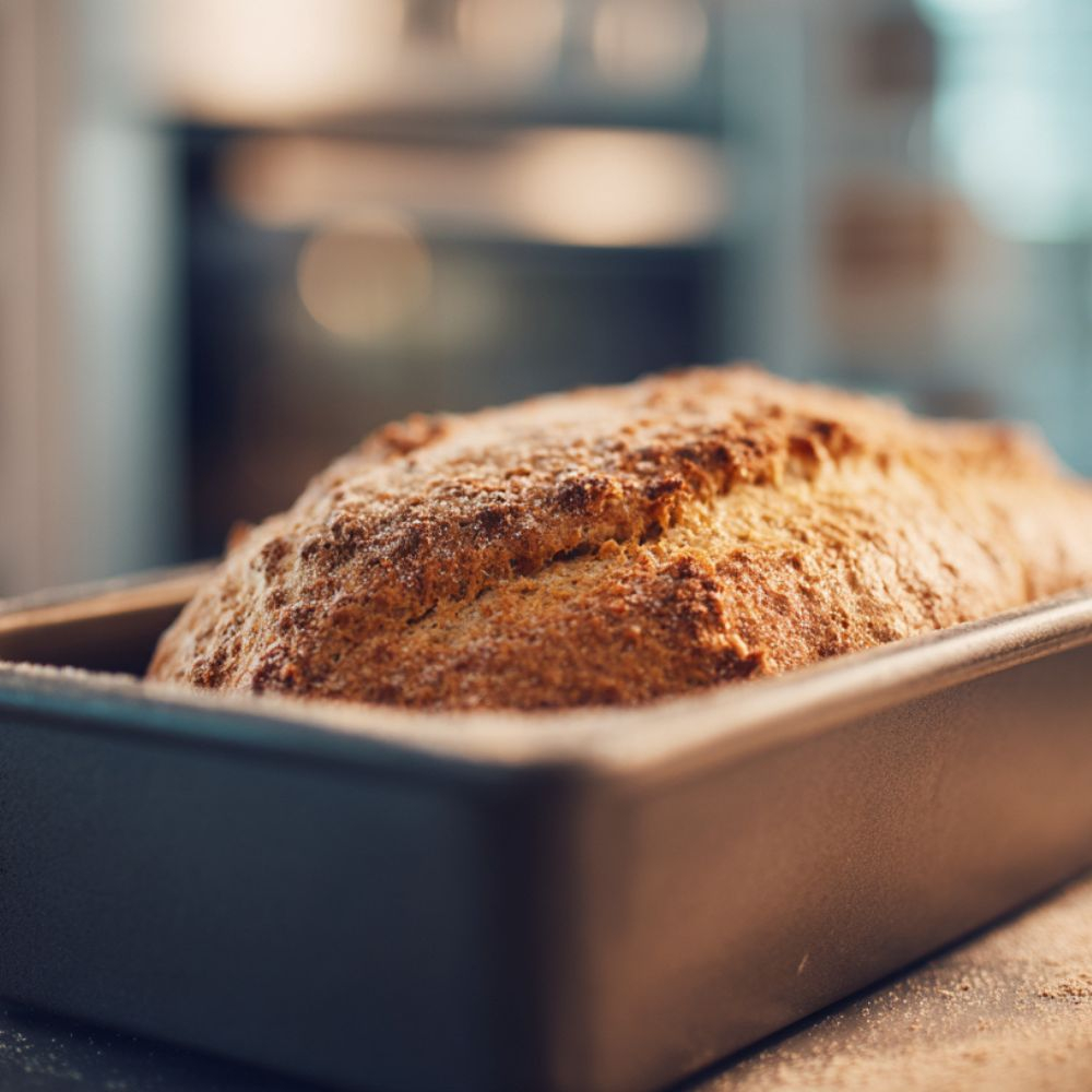 a closeup of bread in a mould just before it goes into the oven, modern kitchen, light bright space, oven in the background 