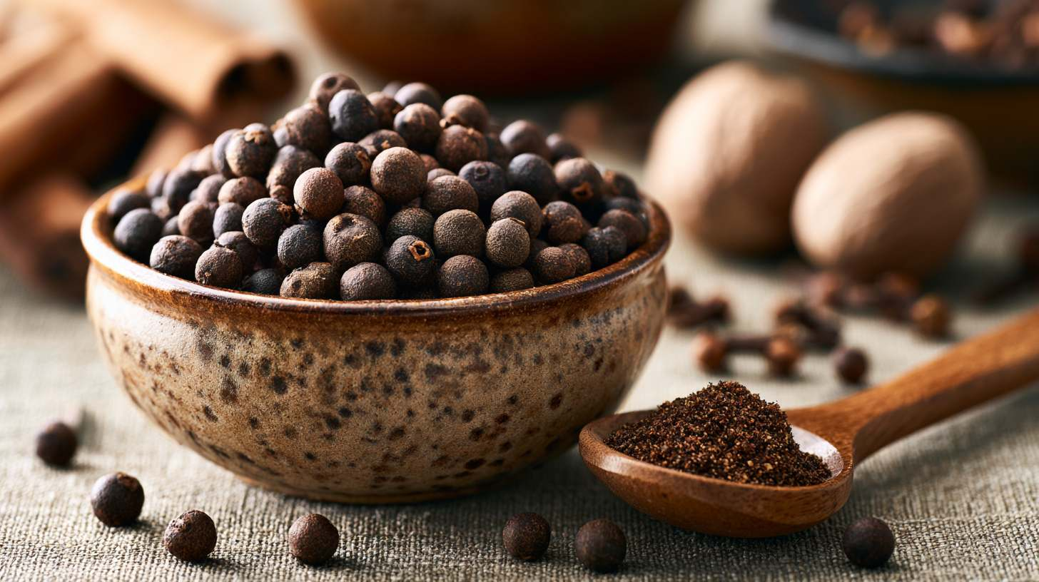 a rustic ceramic bowl filled with whole allspice berries (piment) on a light grey natural stone surface. A small wooden spoon holds freshly ground allspice beside the bowl