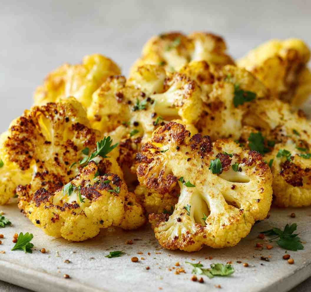Close-up of roasted cauliflower florets seasoned generously with cumin and turmeric, golden and slightly crispy on the edges, arranged on a light ceramic baking tray. 