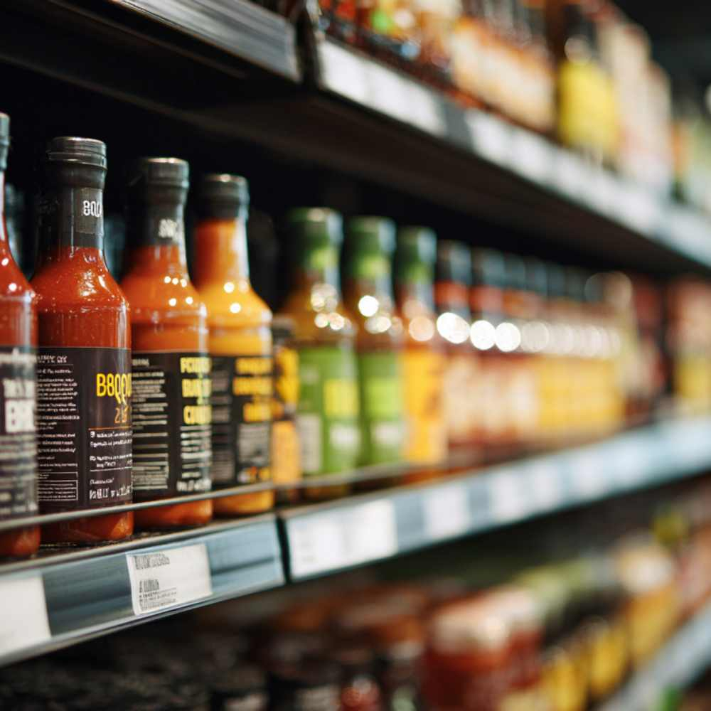 winkelschap met sausflessen