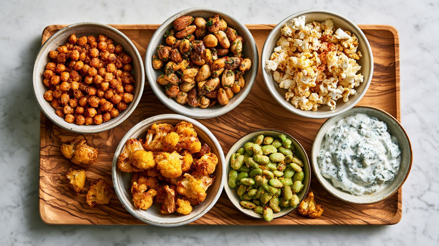 seasoned popcorn, crispy roasted shelled edamame beans, and golden roasted cauliflower florets and a dip served in bowls on an olive wood tray