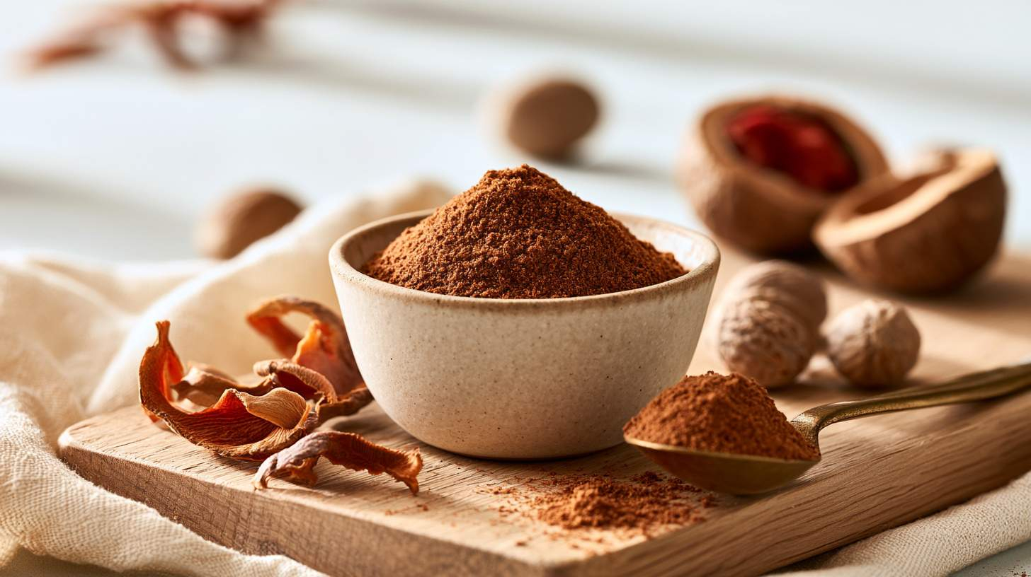 small handcrafted off-white ceramic bowl is filled with finely ground mace in its authentic warm reddish-brown colour. Next to the bowl are several dried whole mace blades