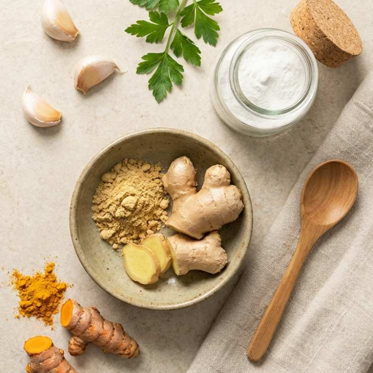 flat lay van verse gember in een schaaltje, met daarnaast vitamine c poeder, kurkuma, knoflook en peterselie