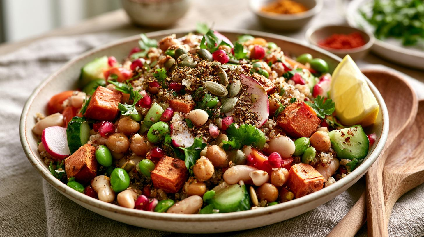 Kleurrijke maaltijd bonensalade met quinoa, kikkererwten, edamame, geroosterde groenten en kruiden als eiwitrijke en vezelrijke maaltijd.