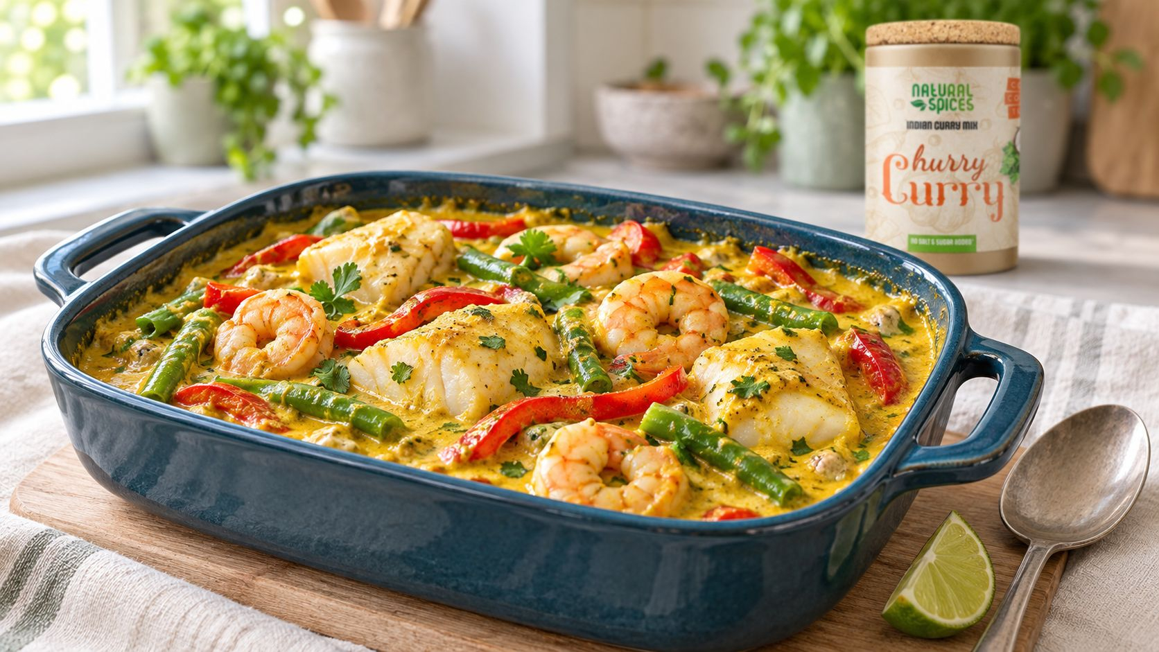 Vispannetje met witvis, garnalen, paprika en sperziebonen in een romige Hurry Curry-kokossaus.