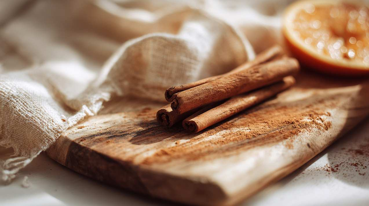 Close-up of three cinnamon sticks on unbleached linen, showing the texture of the rolled bark in sharp detail. A