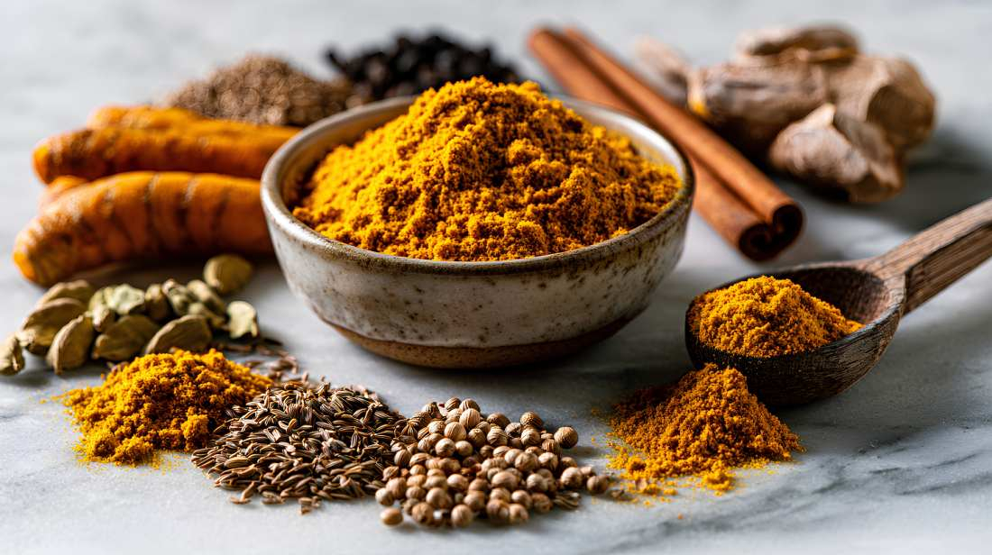 small ceramic bowl filled with vibrant golden-yellow curry powder (kerrie) on a light grey marble countertop. Surrounding the bowl are neat piles of whole spices used in curry blends: turmeric root and powder, cumin seeds, coriander seeds, fenugreek seeds