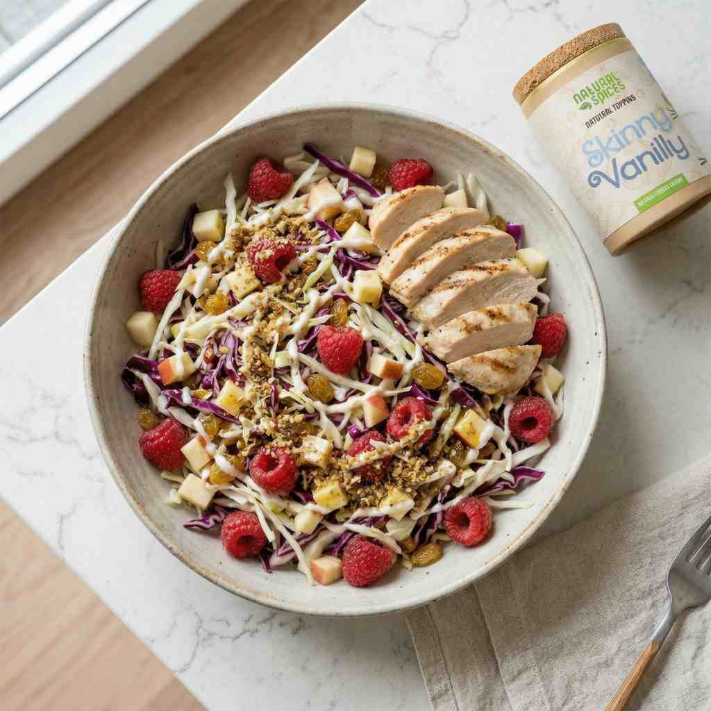 vibrant cabbage raspberry salad in a large ceramic bowl, thinly sliced white and red cabbage, fresh raspberries, small apple cubes, golden raisins