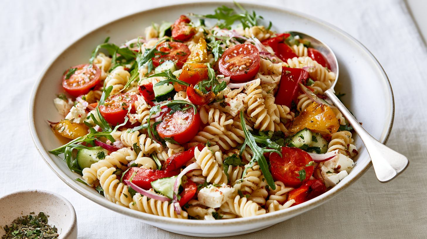 Koude pastasalade met fusilli, tomaat, komkommer, paprika, feta, rucola en kruiden.