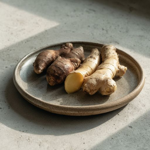 een aardewerk bord met gember wortel en galanga (laos)