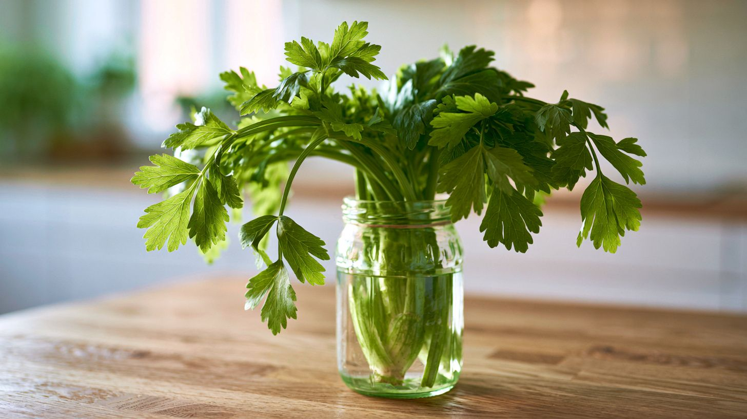 Fresh lovage (maggi plant) in a glass jar on a modern kitchen countertop.