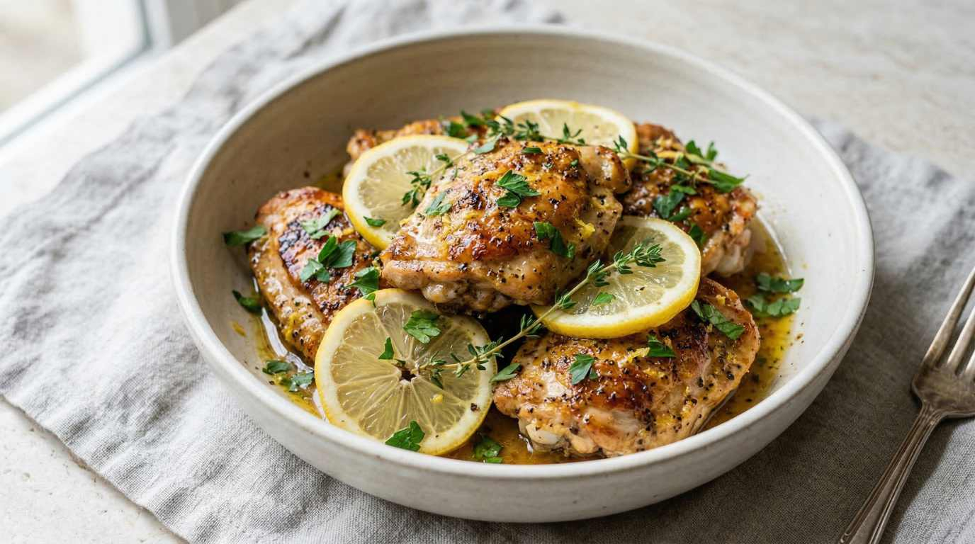 lemon pepper chicken served in an off-white ceramic bowl, golden seared chicken pieces topped with fresh lemon slices
