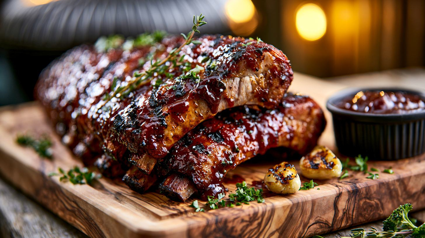 Vers gegrilde spareribs met een glanzende BBQ-glaze op een olijfhouten serveerplank, gegarneerd met verse kruiden en gegrilde knoflook, vers van de barbecue.