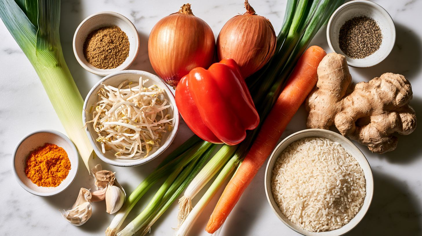 Verse nasi groenten en Aziatische kruiden, waaronder prei, ui, rode paprika, wortel, taugé, knoflook en gember, stijlvol gepresenteerd in een flat lay.
