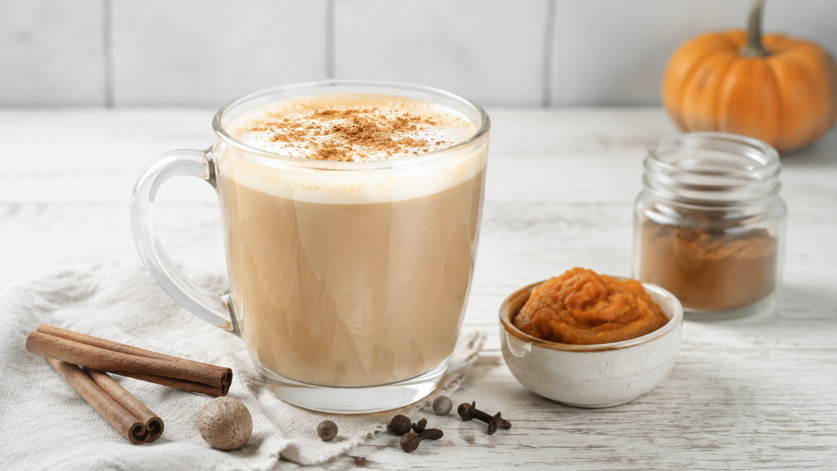 Zelfgemaakte pumpkin spice latte met pompoenpuree en pumpkin spice