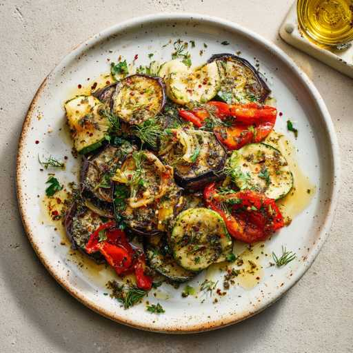 roasted veg such as aubergine, courgette and paprika, lightly marinated with za'atar mixed with a bit of olive oil on a beautiful arranged on a ceramic platter,