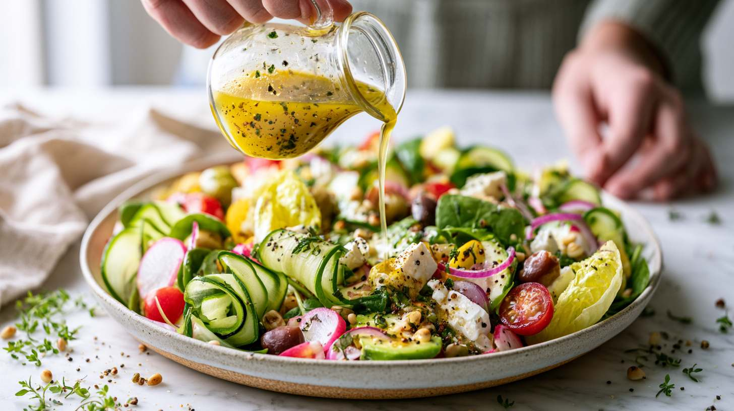 Iemand schenkt een romige, huisgemaakte vinaigrette met kruiden over een kleurrijke salade met sla, komkommer, tomaat, avocado en verse kruiden.