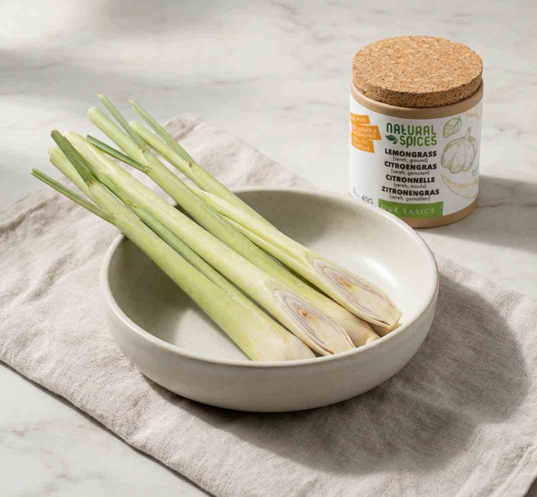 verse sereh (citroengras) in een aardewerk schaal naast een potje gedroogde sereh kruiden van Natural Spices