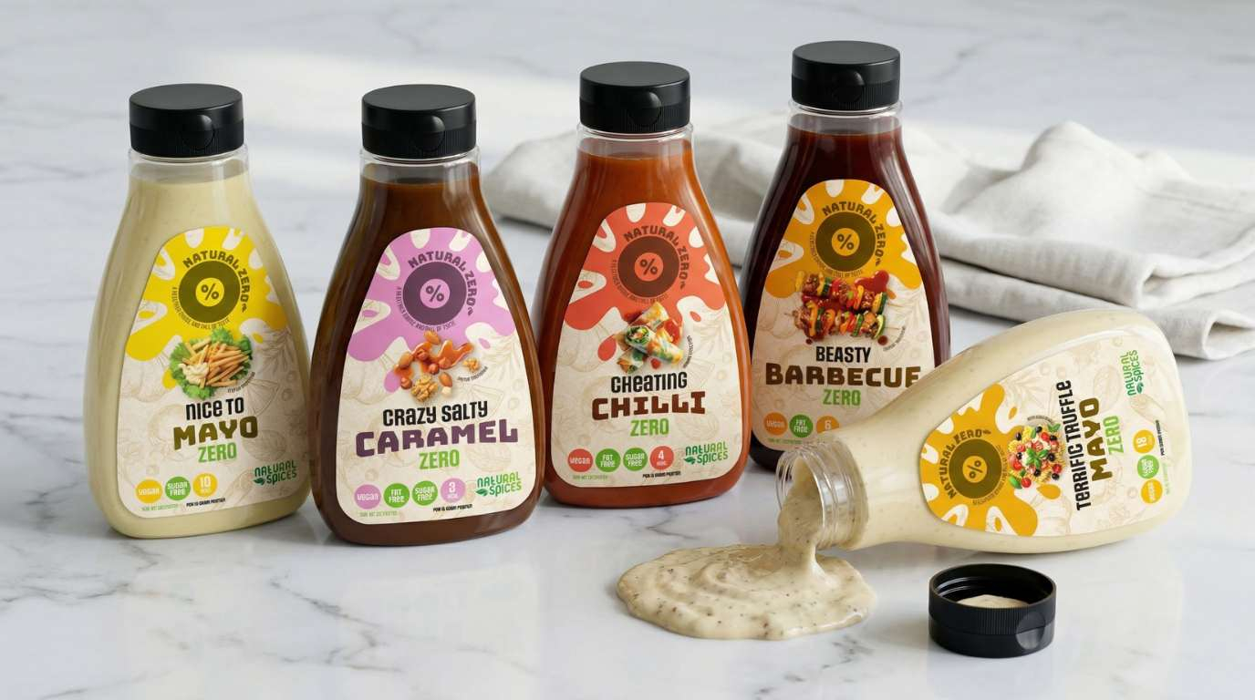 5 verschillende Natural Zero Low calorie Sauzen van Natural Spices (Mayo, Salty Caramel, Chillie, Beasty BBQ en Truffle Mayo)