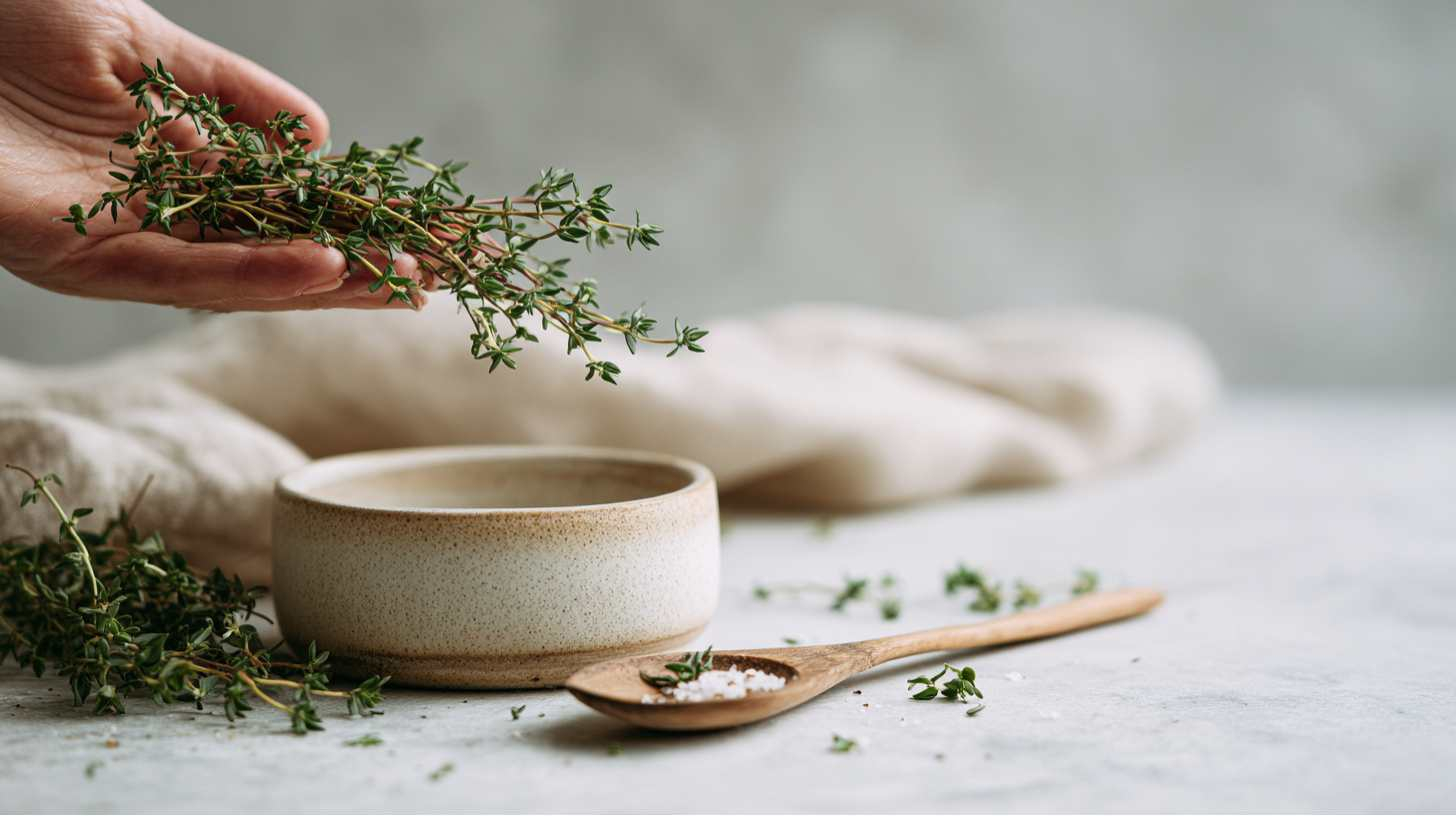 Fresh thyme sprigs held by hand above a ceramic bowl on a light marble surface, styled in a minimalist Scandinavian kitchen setting with soft natural light, a linen cloth in the background, and a wooden spoon with coarse salt in the foreground.